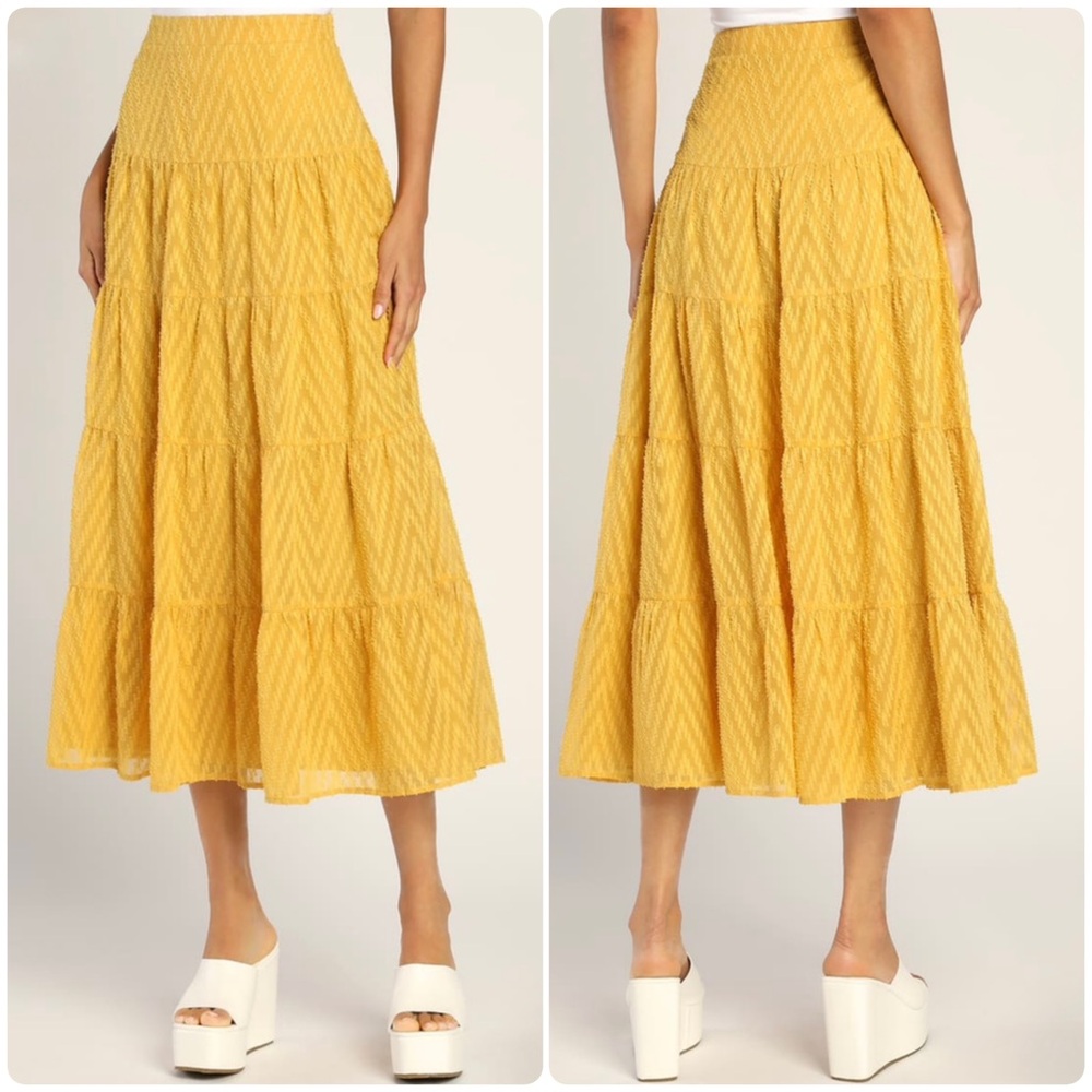 HP NEW Lulus Key West Cutie Mustard Yellow Jacquard Tiered Textured Midi Skirt L